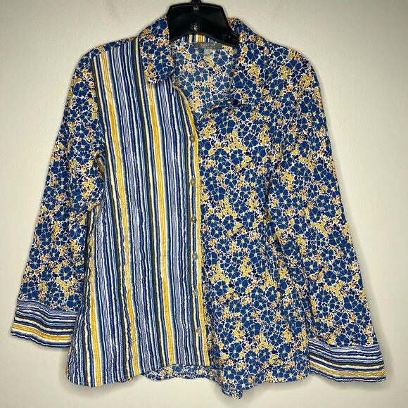 Habitat Yellow Blue Stripe Floral *XS Top Cotton Crinkle 3/4 Sleeve Button Boho - Picture 1 of 16